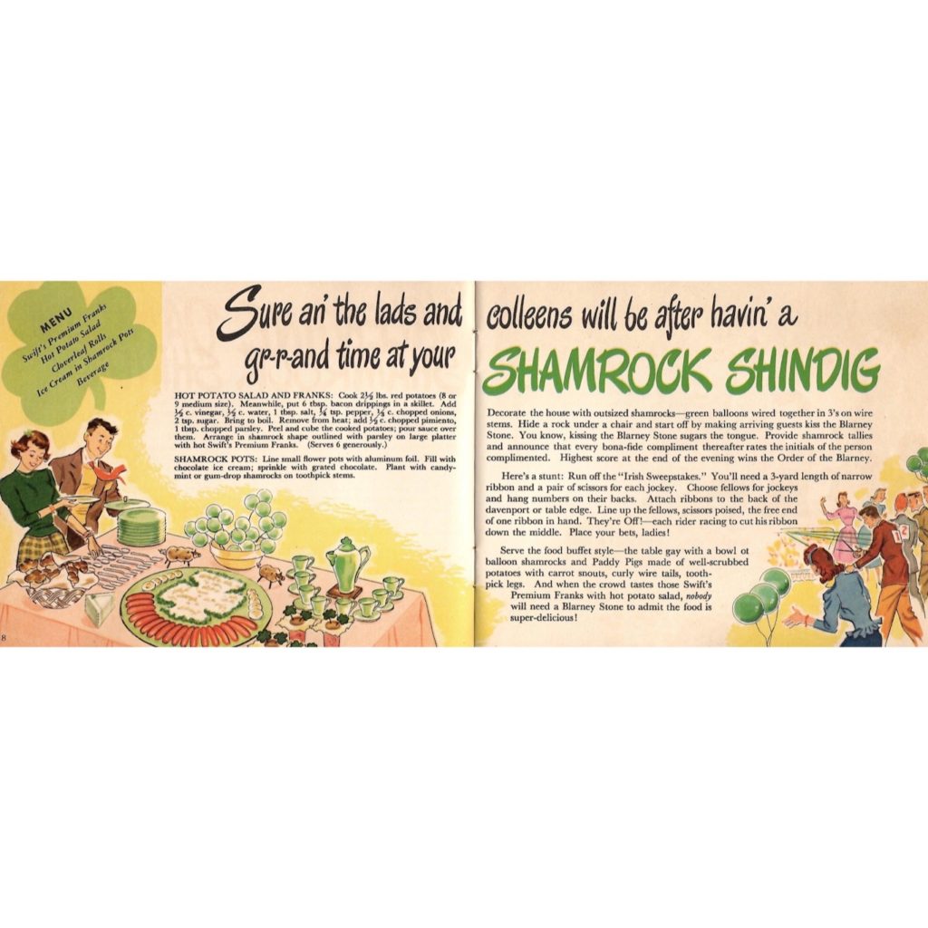 Recipes and games for a “Shamrock Shindig” inside the “Franks to the Aid of the Party” brochure.