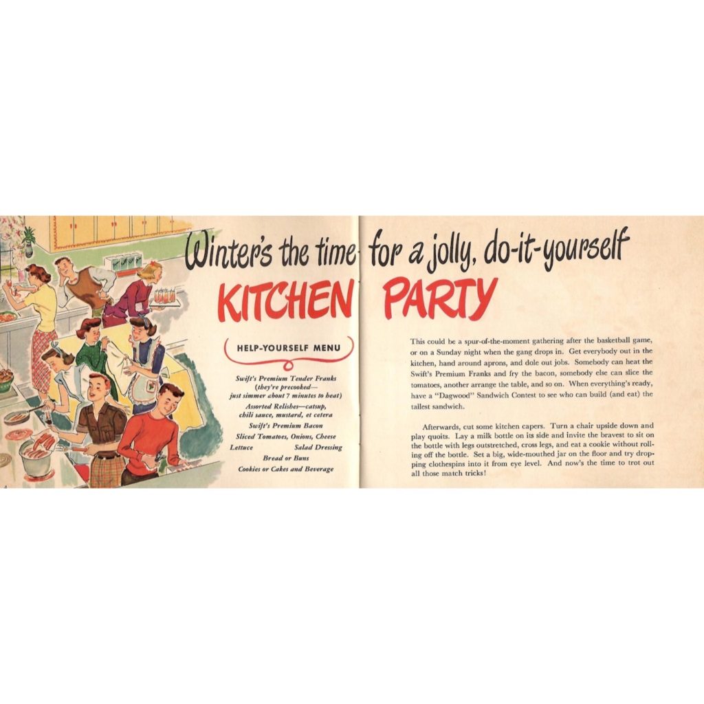 Recipes and games for a “Kitchen Party” inside the “Franks to the Aid of the Party” brochure.