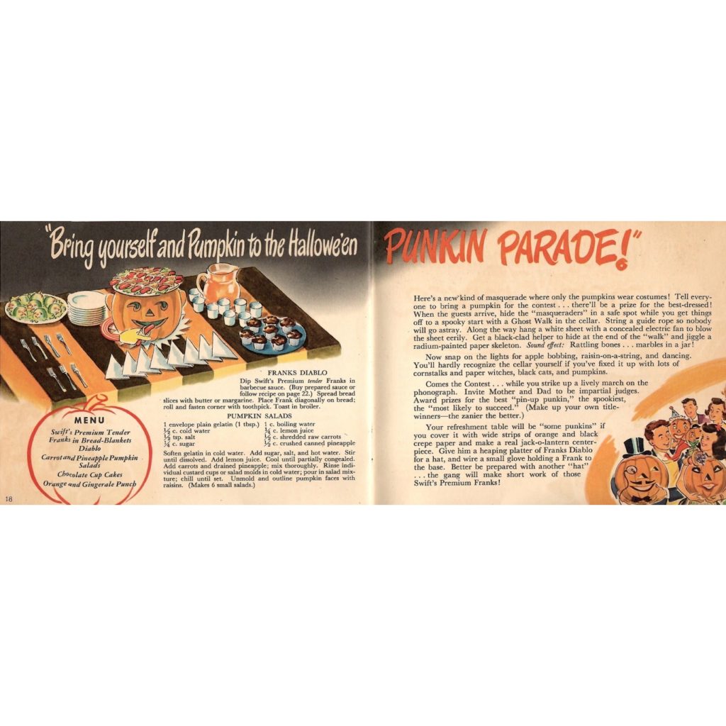 Recipes and games for a “Pumpkin Parade” inside the “Franks to the Aid of the Party” brochure.