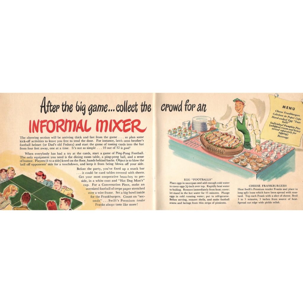 Recipes and games for a “Informal Mixer” inside the “Franks to the Aid of the Party” brochure.