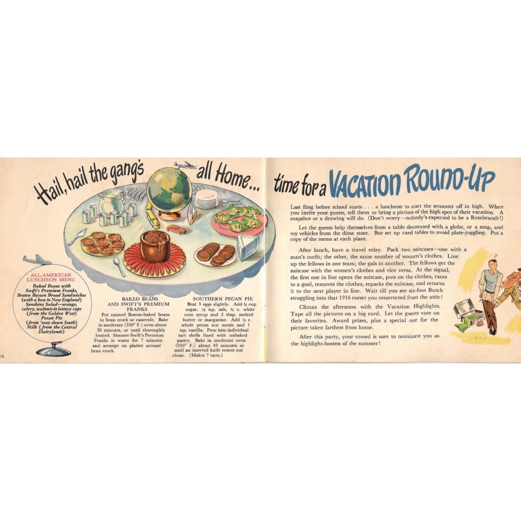 Recipes and games for a “Vacation Round Up” inside the “Franks to the Aid of the Party” brochure.