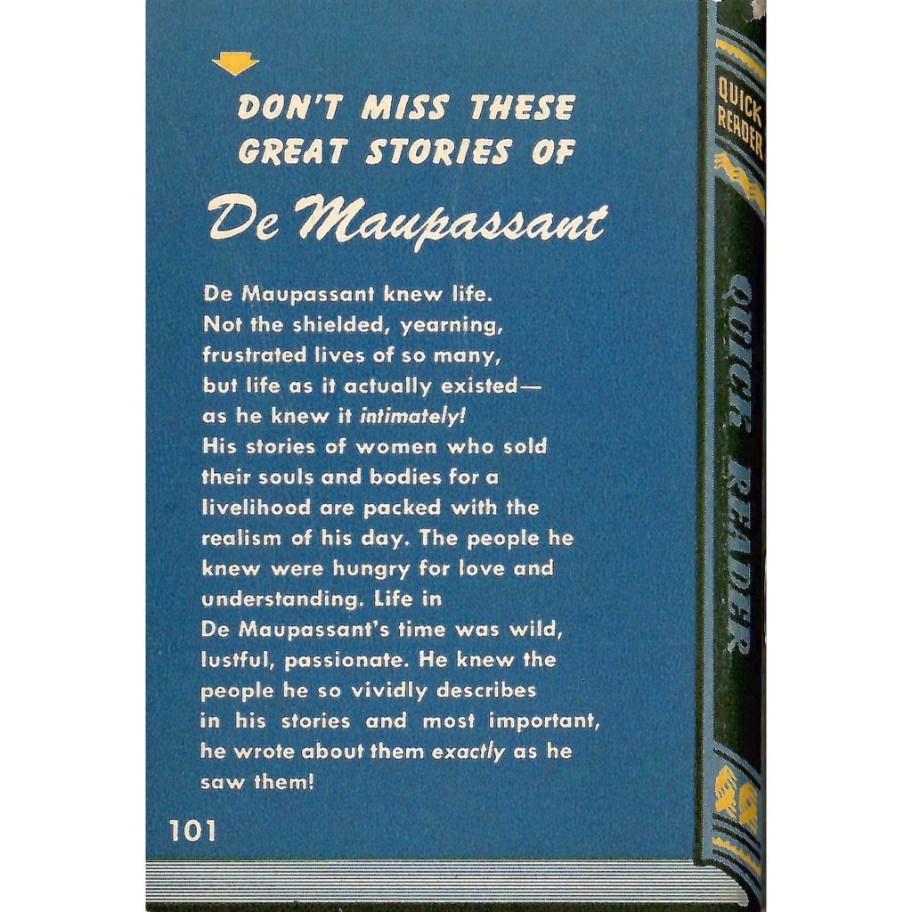 Back cover of a quick reader book called DeMaupassant.