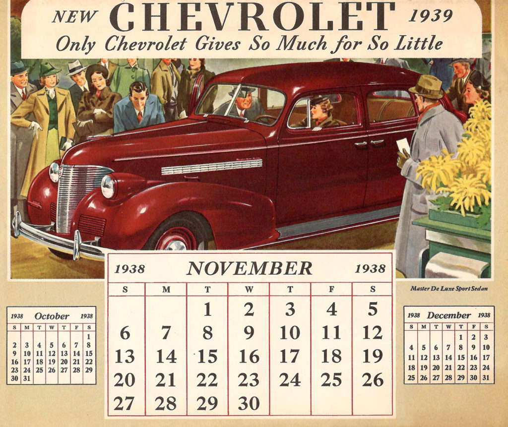 Page from a 1938 Car Calendar. A painting for the month of December. Crowds surround and admire a beautiful red Chevrolet. You also see the calendar days for November of 1938.