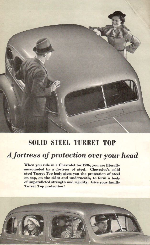 Page from a 1936 Car Calendar. Photos of a solid steel turret top. The top of a Chevrolet built in 1936.