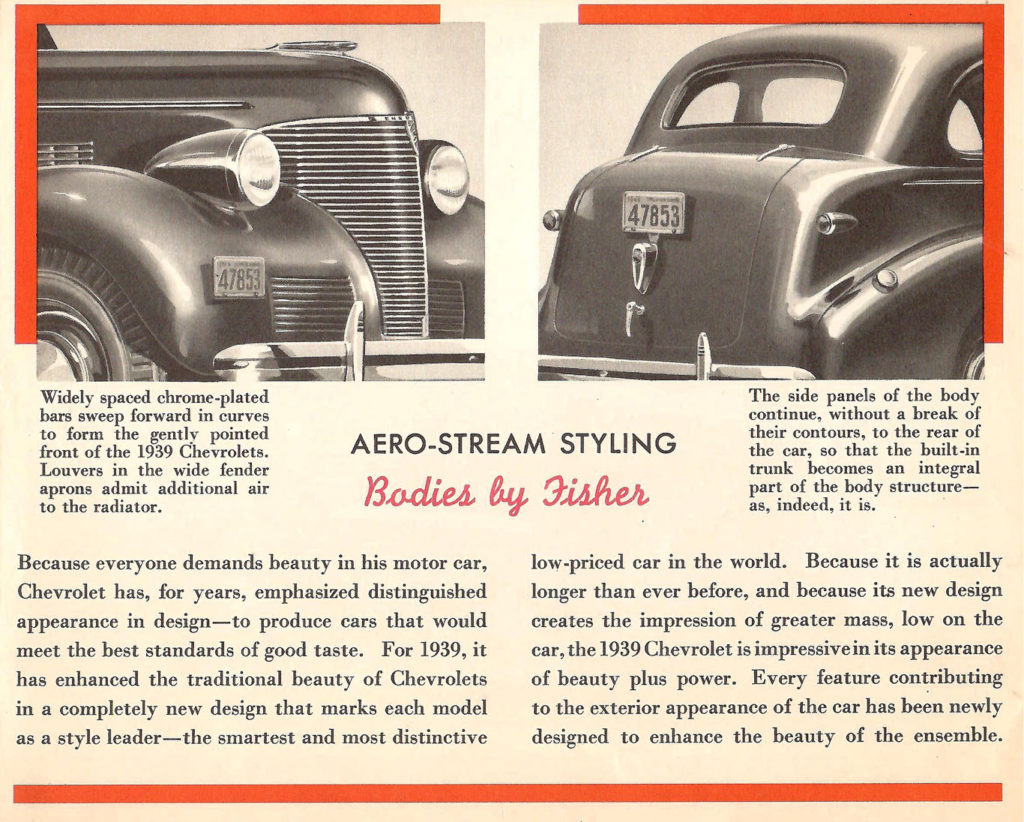 Page from a 1938 Car Calendar. Description of Aero-Stream styling found in a Chevrolet.