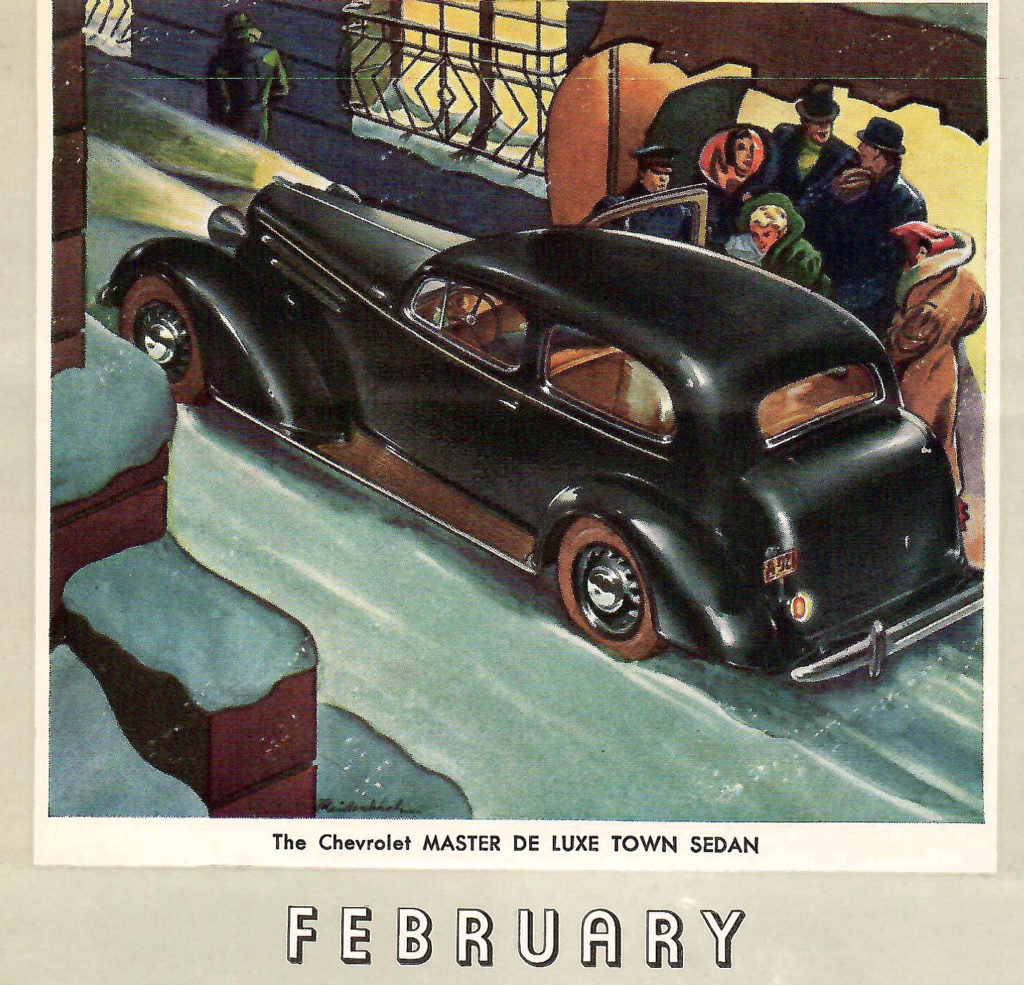 Page from a 1936 Car Calendar. This drawing for February shows people getting out of a Chevrolet master deluxe town sedan.