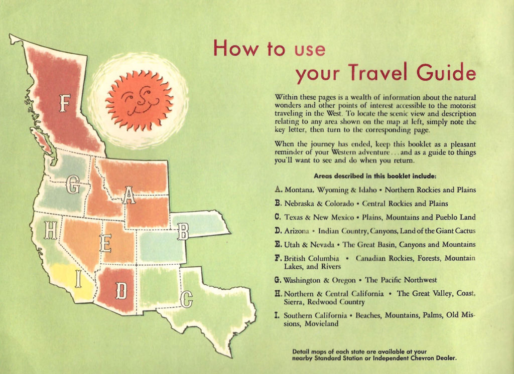 How to use your travel guide called "Scenic West" published by Standard Oil.