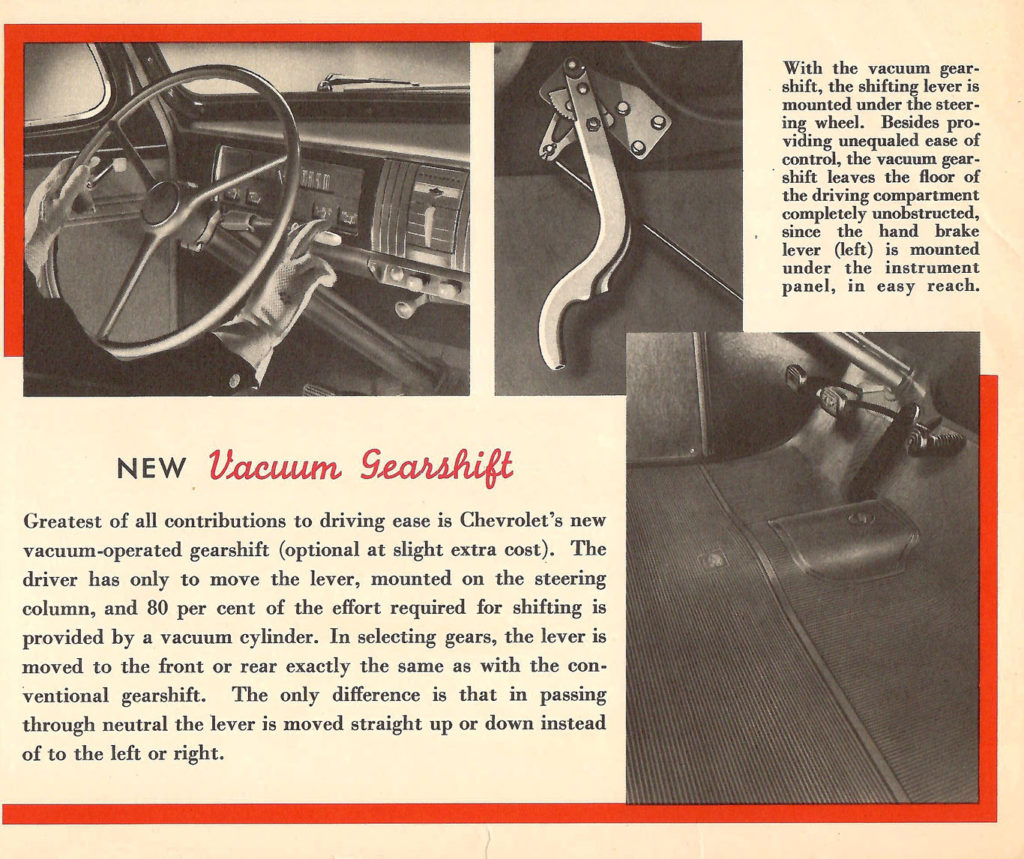 Page from a 1938 Car Calendar. Description of Chevrolet's vacuum gear shift.