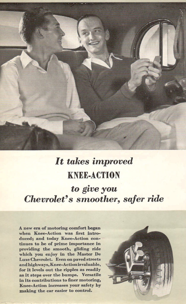 Page from a 1936 Car Calendar. Description of a feature included in Chevrolet car called Knee Action, which provides a smoother ride.