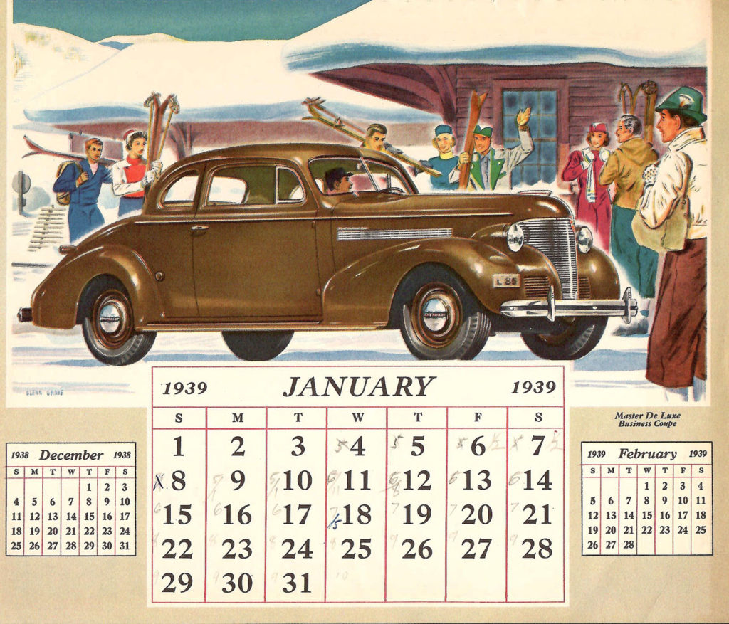 Page from a 1939 Car Calendar. A painting for the month of January. Several skiers admire a brown Chevrolet. You also see the calendar days for January.