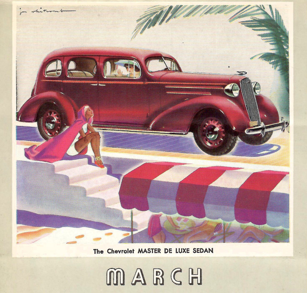 Page from a 1936 Car Calendar. This drawing for March shows people at the beach next to a red Chevrolet Master Deluxe Sedan.