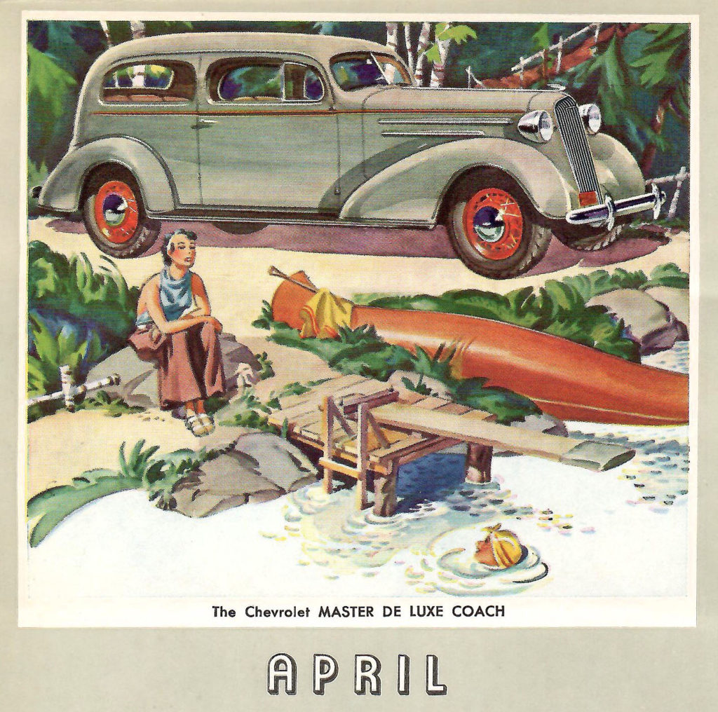 Page from a 1936 Car Calendar. This drawing for April shows people at the lake next to a Chevrolet Master Deluxe Coach.