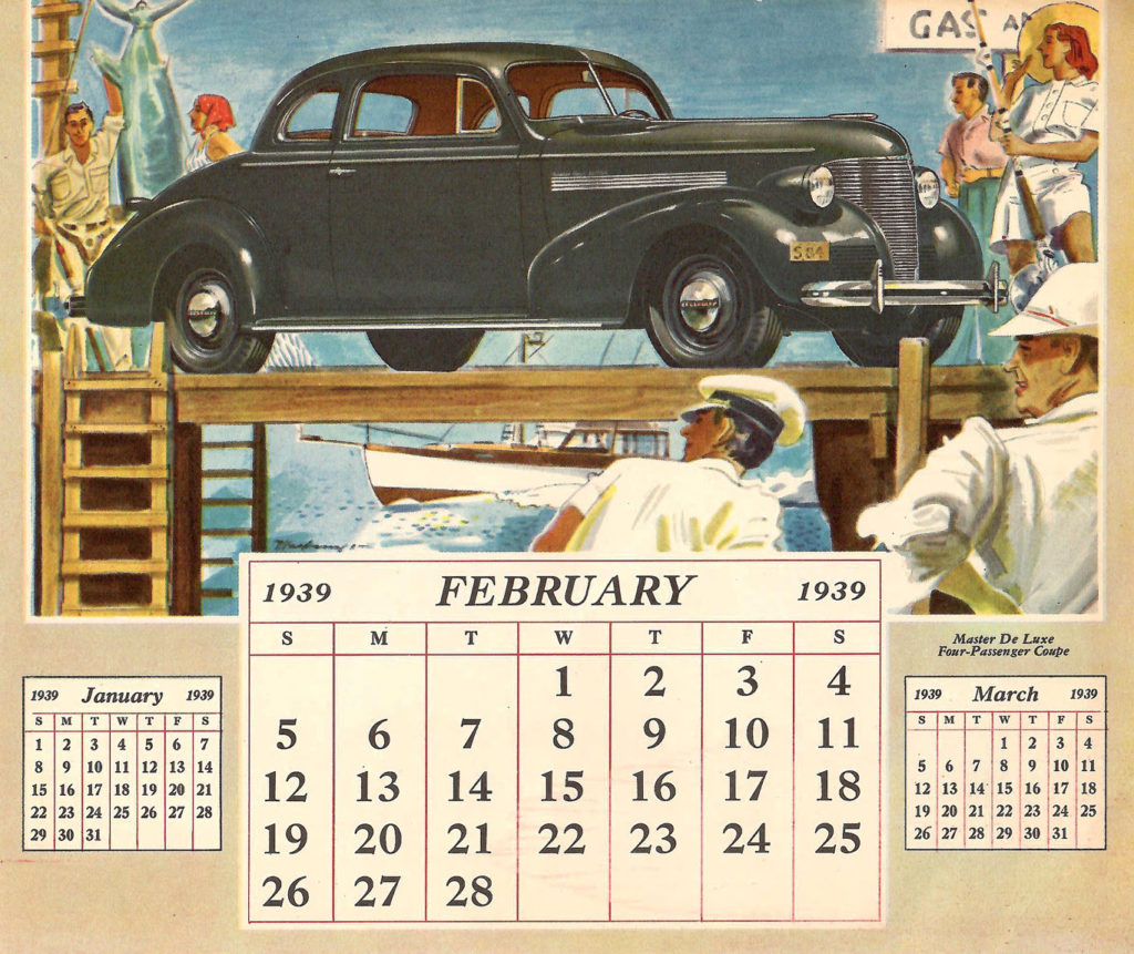 Page from a 1939 Car Calendar. A painting for the month of February. It shows people at a marina, admiring a Chevrolet. It also has the calendar days for February.