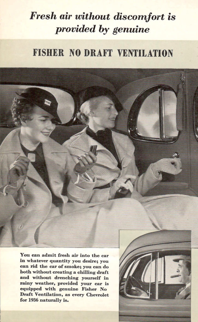 Page from a 1936 Car Calendar. Description of Chevrolet's no-draft ventilation feature.
