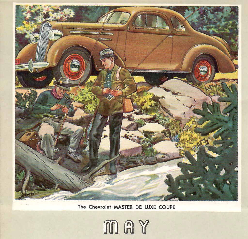 Page from a 1936 Car Calendar. This drawing for May shows people fishing next to a Chevrolet Master Deluxe Coupe.