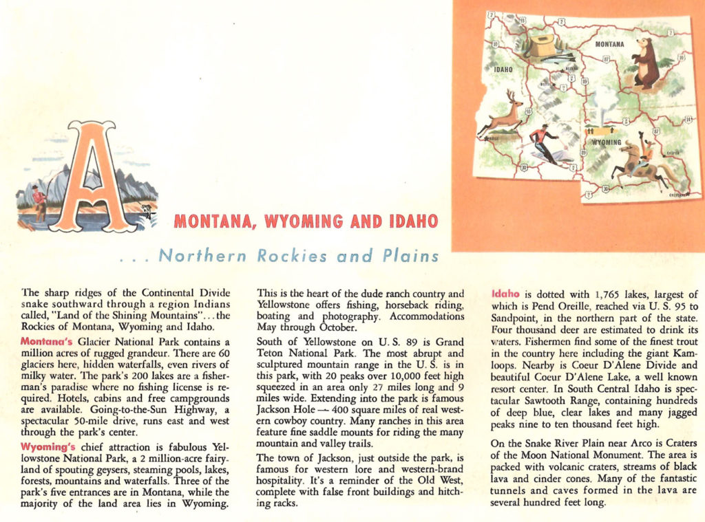 Wyoming Montana Idaho. A page from the "Scenic West" travel guide published by Standard Oil.