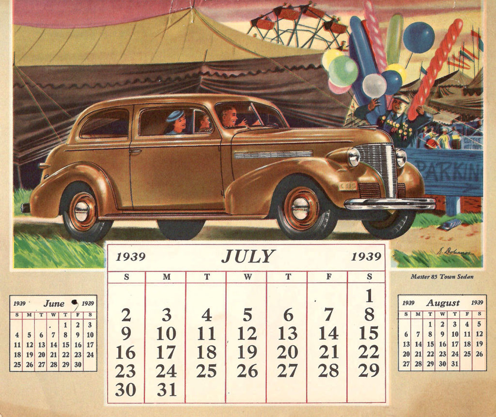 Page from a 1939 Car Calendar. A painting for the month of July. It shows a brown Chevrolet parked in front of a circus. It also has the calendar days for July.