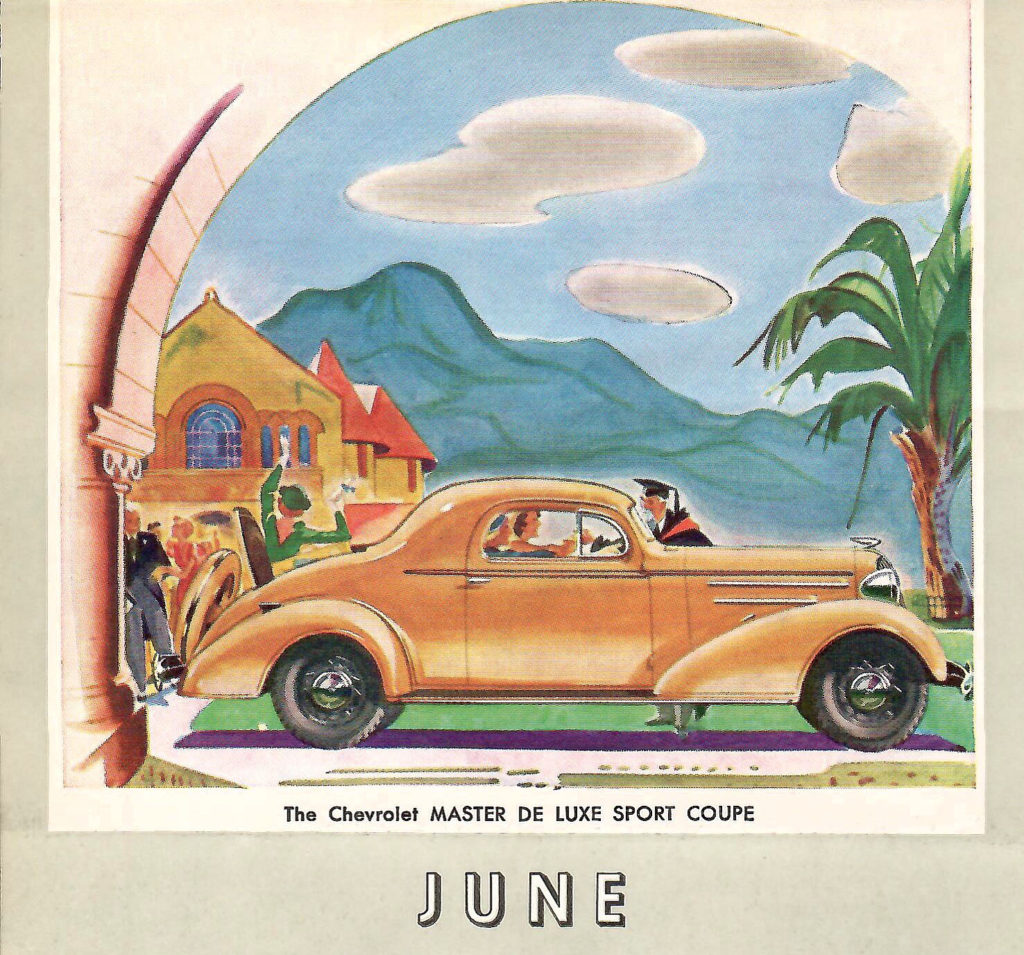 Page from a 1936 Car Calendar. This drawing for June shows people at our college graduation next to a yellow Chevrolet Master Deluxe Coupe.