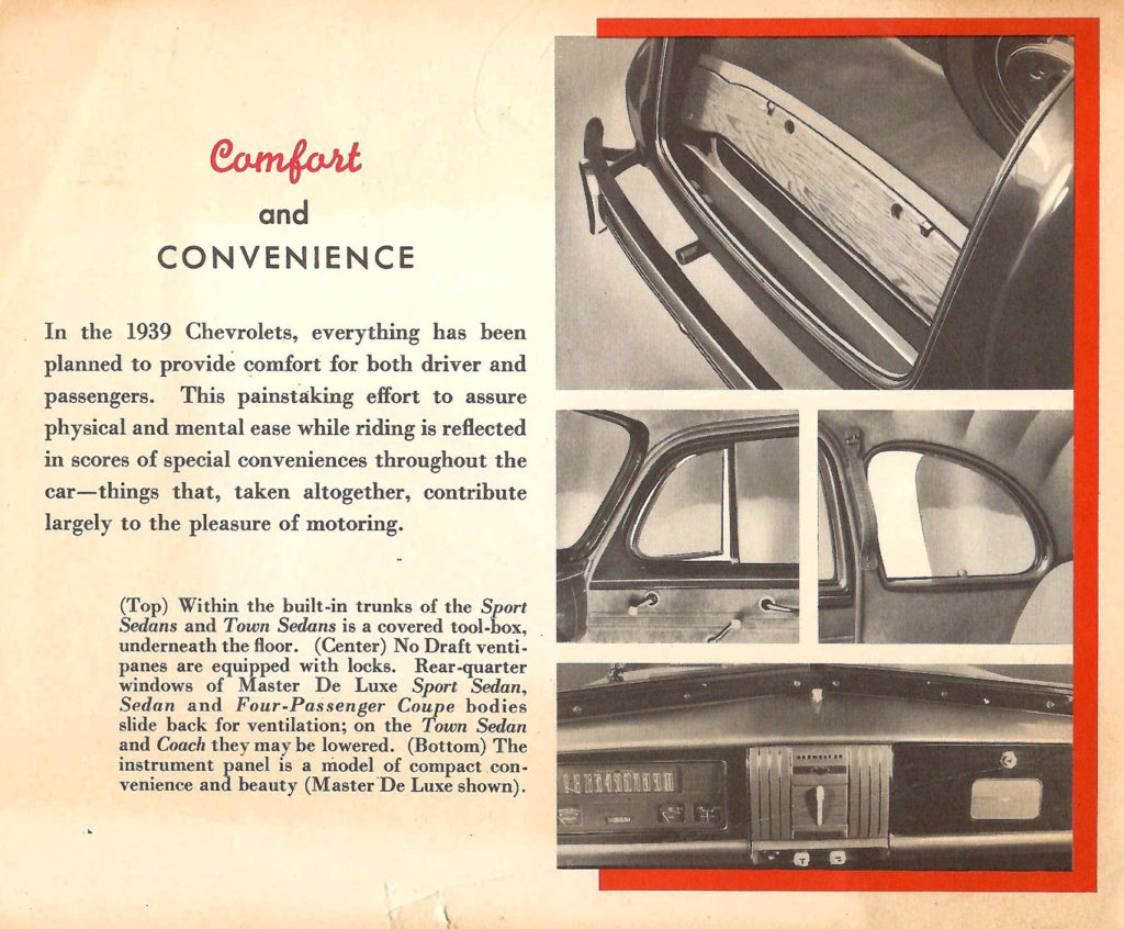 Page from a 1939 Car Calendar. It describes the comfort and convenience you find in a Chevrolet.