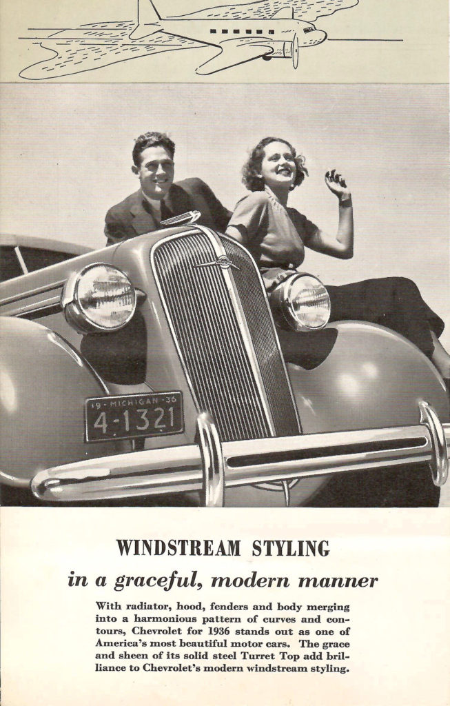 Page from a 1936 Car Calendar. Description of Chevrolet's wind stream styling.