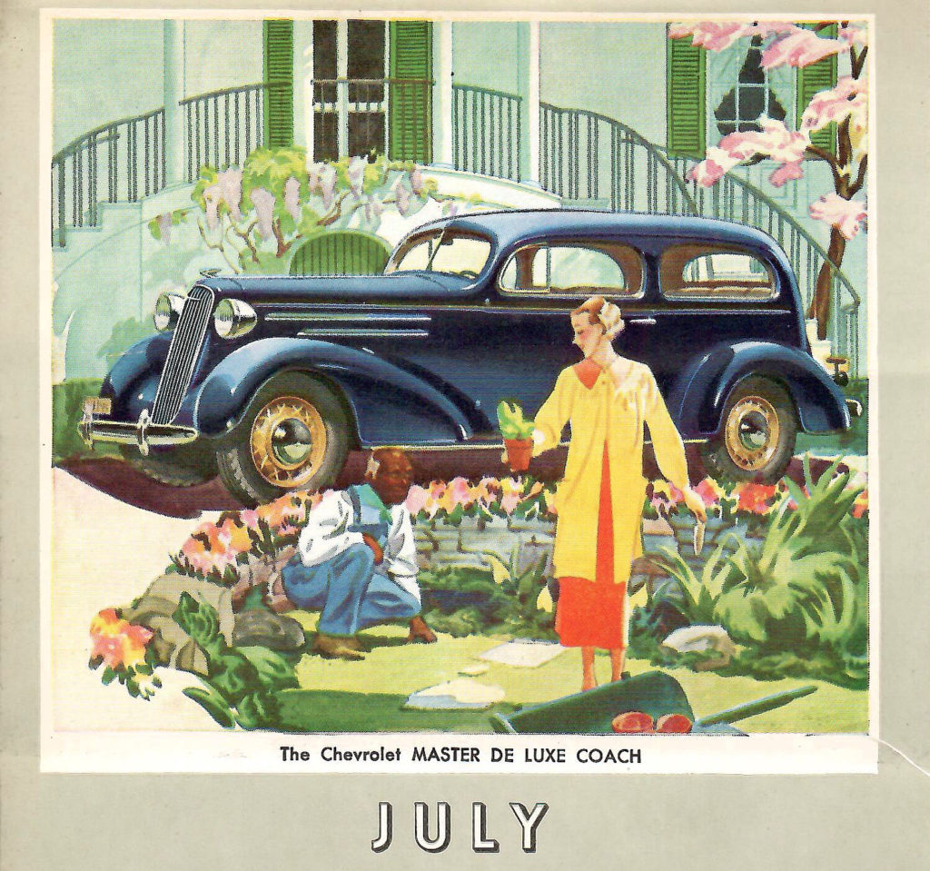 Page from a 1936 Car Calendar. It's for the month of July, and shows a lady gardening next to the Chevrolet Master Deluxe Coach.