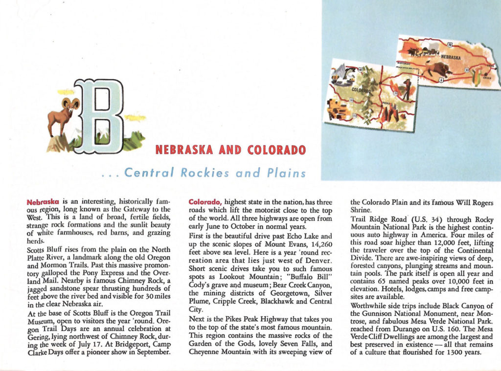 Nebraska and Colorado. A page from the "Scenic West" travel guide published by Standard Oil.