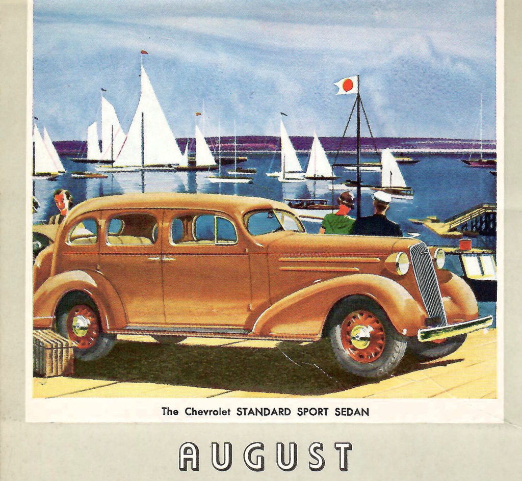 Page from a 1936 Car Calendar. A painting for the month of August. It shows a beautiful tan car, with people watching sailing ships in the water. They drove there in a Chevrolet Standard Sports Sedan.