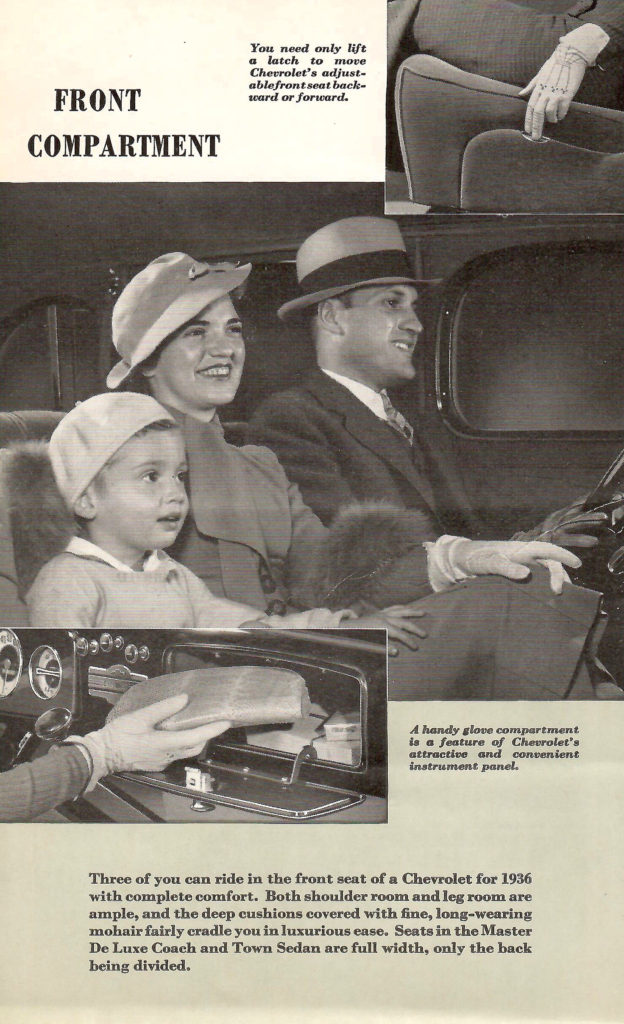 Page from a 1936 Car Calendar. Description of the front compartment inside the new Chevrolet for 1936.