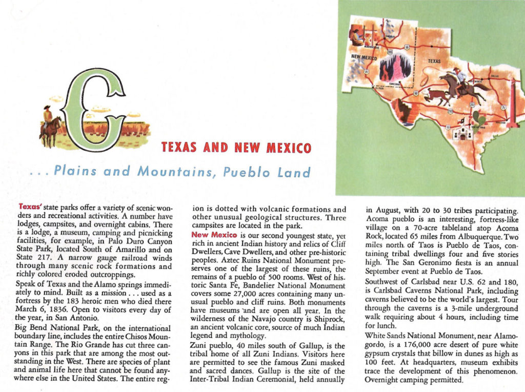 Texas and New Mexico. A page from the "Scenic West" travel guide published by Standard Oil.