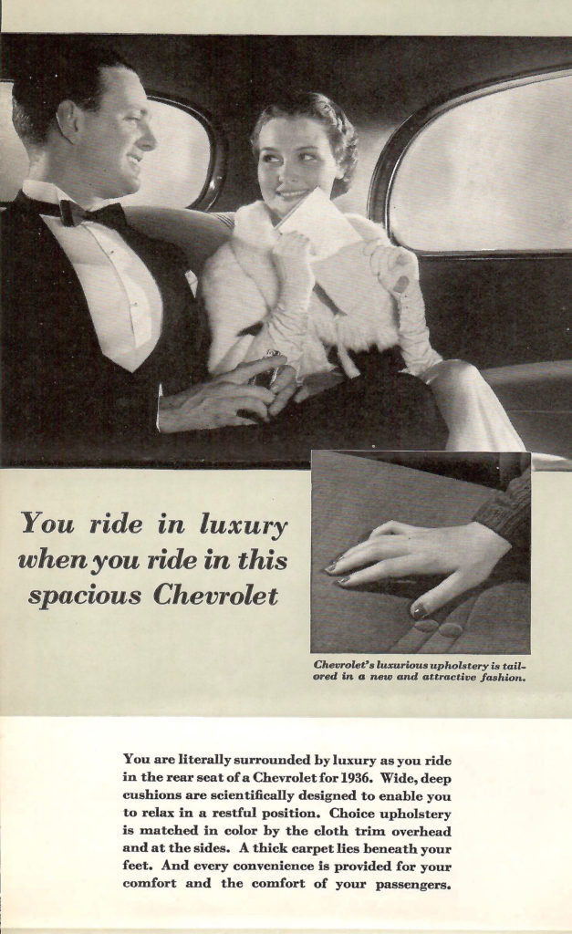 Page from a 1936 Car Calendar. Description of how you can ride in luxury in a Chevrolet!