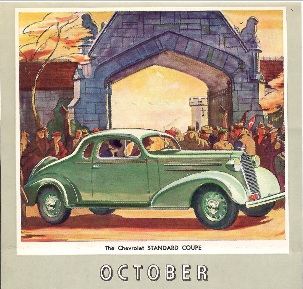 Page from a 1936 Car Calendar. A painting for the month of October. It's a beautiful painting of a green Chevrolet standard coupe.
