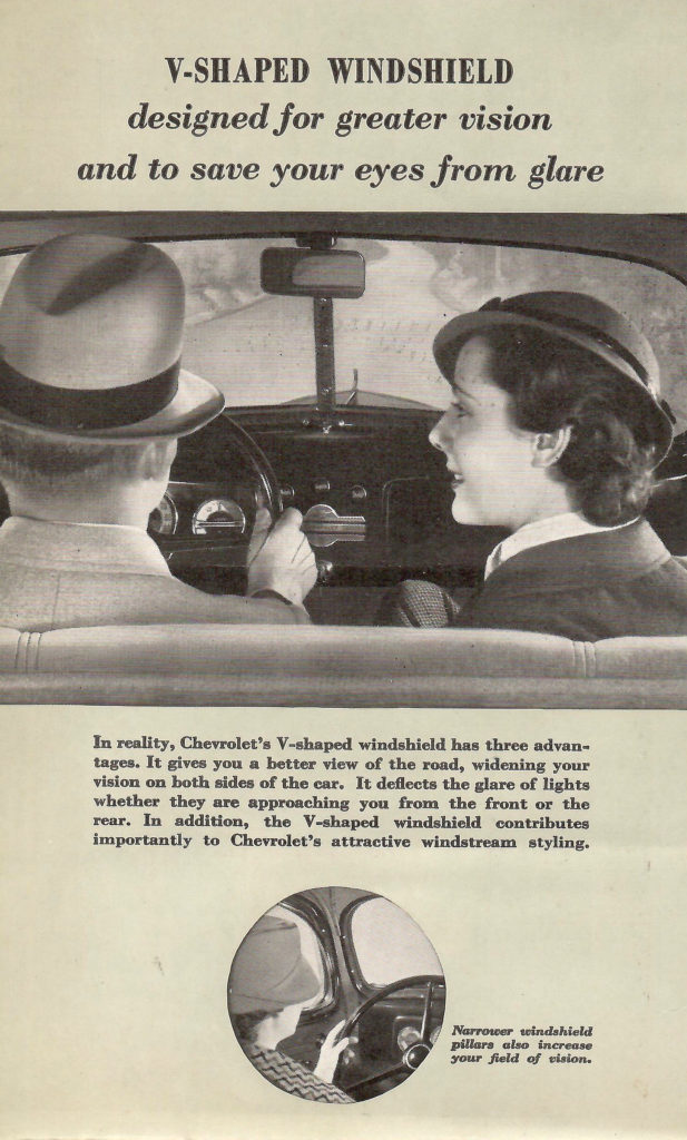 Page from a 1936 Car Calendar. Description of Chevrolet's V-shaped windshield.