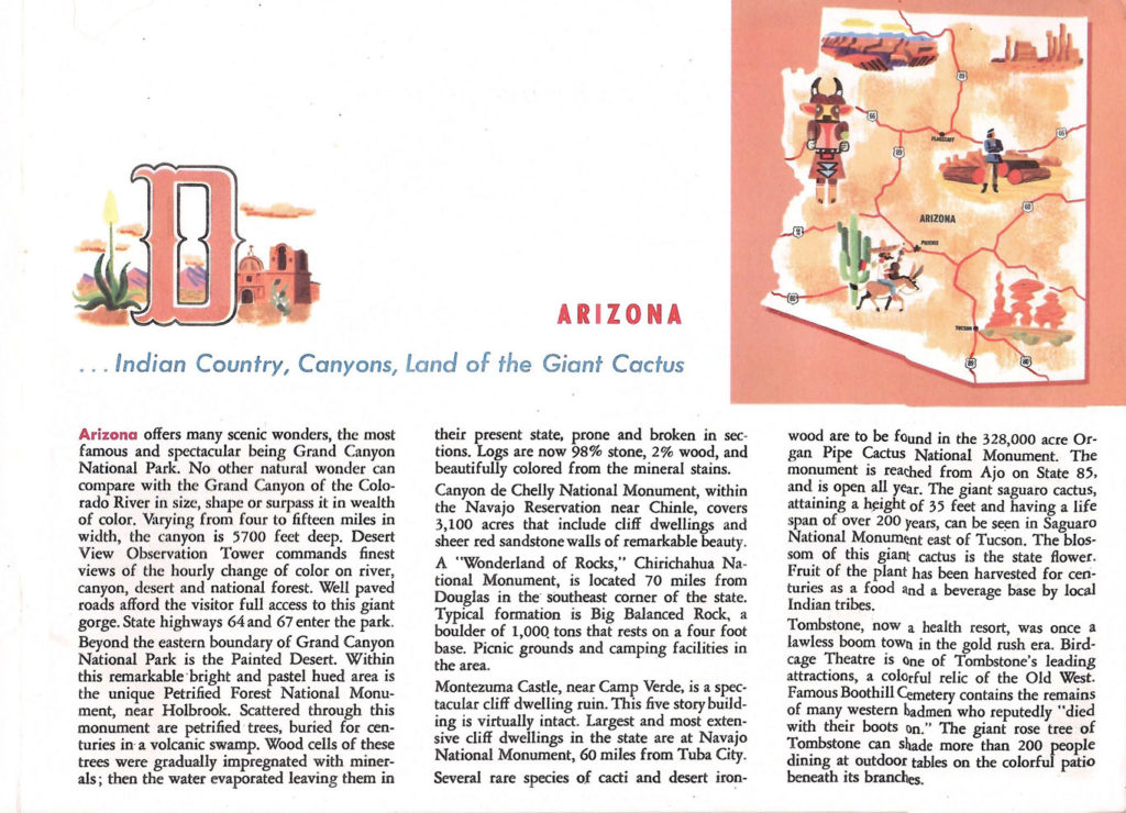 Arizona. A page from the "Scenic West" travel guide published by Standard Oil.
