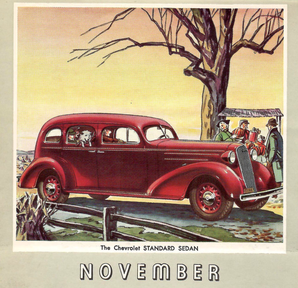Page from a 1936 Car Calendar. A painting for the month of November. The painting is of a red Chevrolet Standard Sedan and it has a dog riding in the back seat.