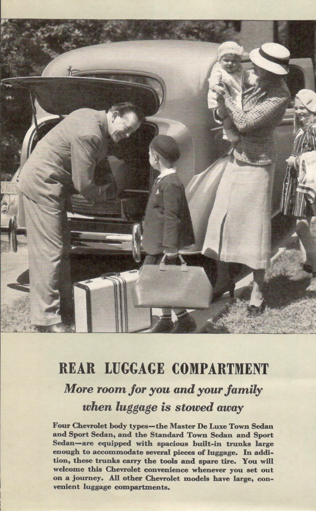 Page from a 1936 Car Calendar. Description of Chevrolet's rear luggage compartment.