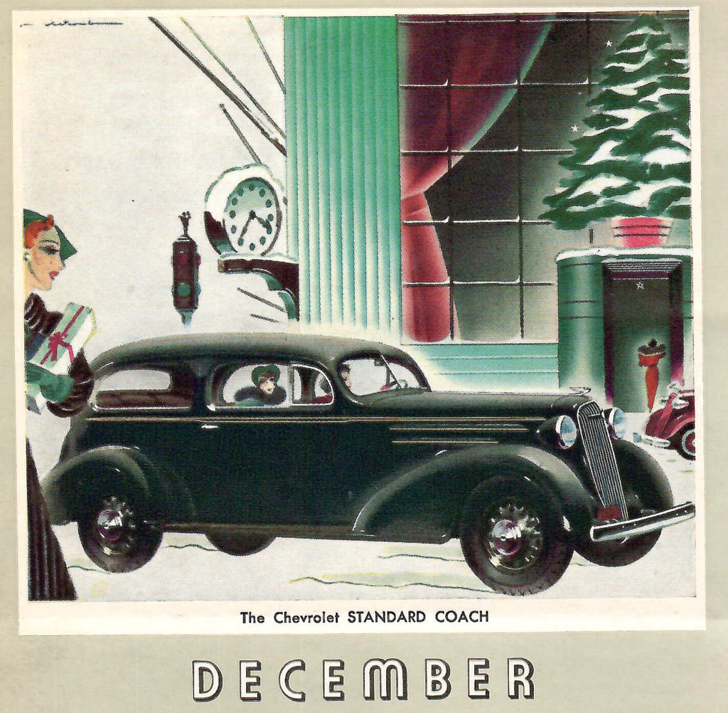 Page from a 1936 Car Calendar. A painting for the month of December. The painting is of a green Chevrolet standard coach, and it shows a woman going Christmas shopping.