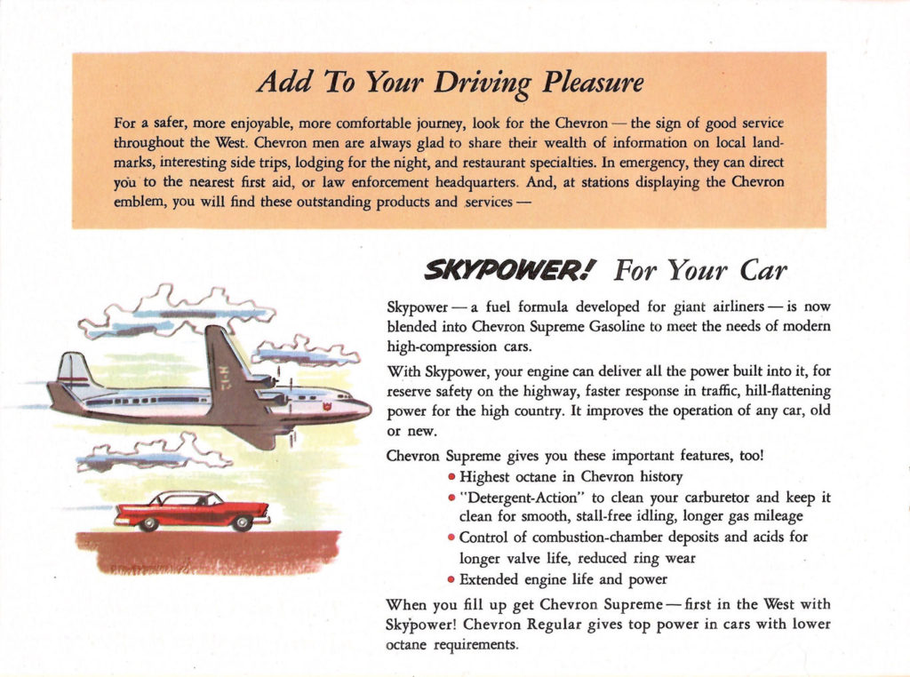 Skypower for your car. A page from the "Scenic West" travel guide published by Standard Oil.