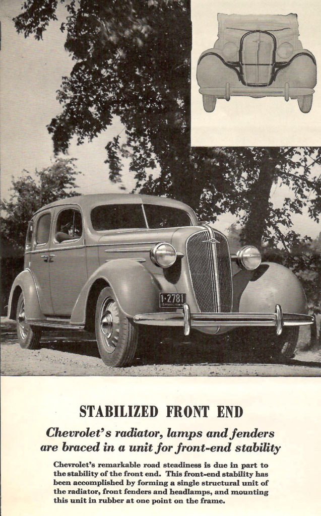 Page from a 1936 Car Calendar. Description of Chevrolet's stabilized front end.