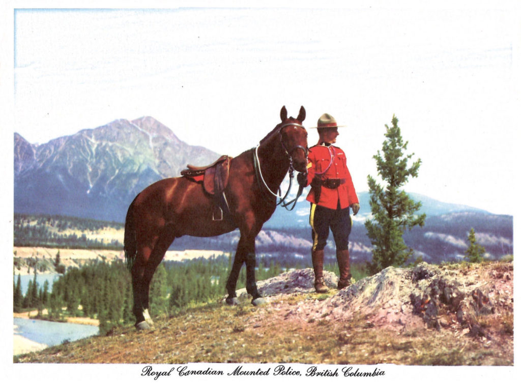 The RCMP. A page from the "Scenic West" travel guide published by Standard Oil.