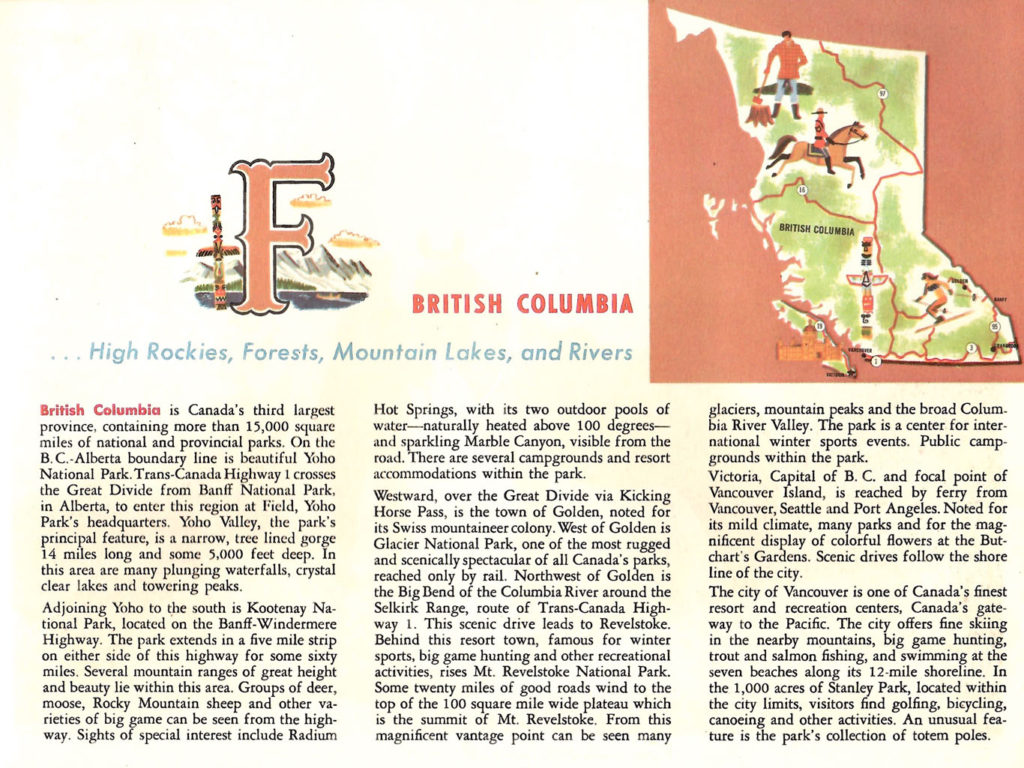 British Columbia. A page from the "Scenic West" travel guide published by Standard Oil.