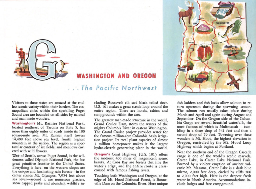Washington and Oregon. A page from the "Scenic West" travel guide published by Standard Oil.