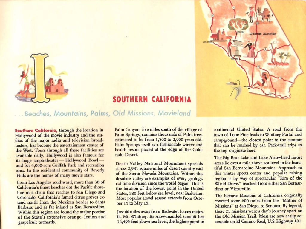 Southern California. A page from the "Scenic West" travel guide published by Standard Oil.