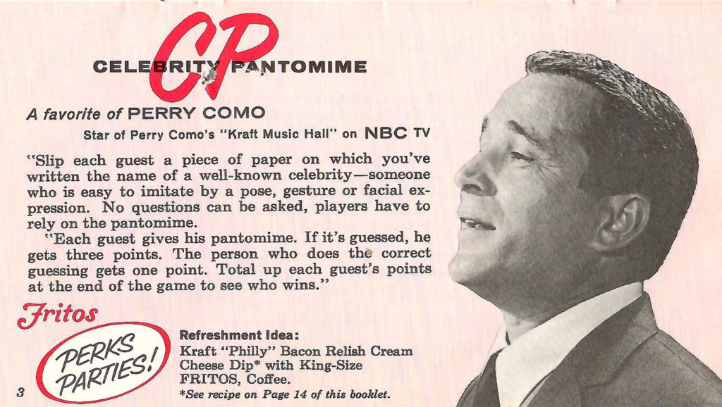 Perry Como Game. Directions for a party game included in a ideas booklet given out with Fritos in 1960.