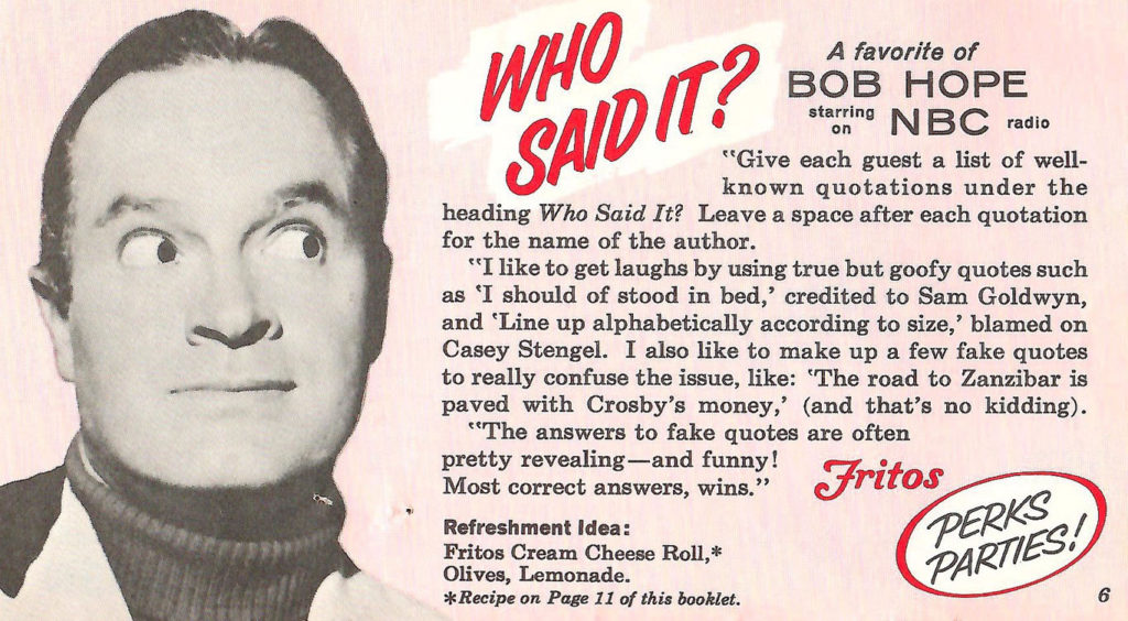 Bob Hope Game. Directions for a party game included in a ideas booklet given out with Fritos in 1960.