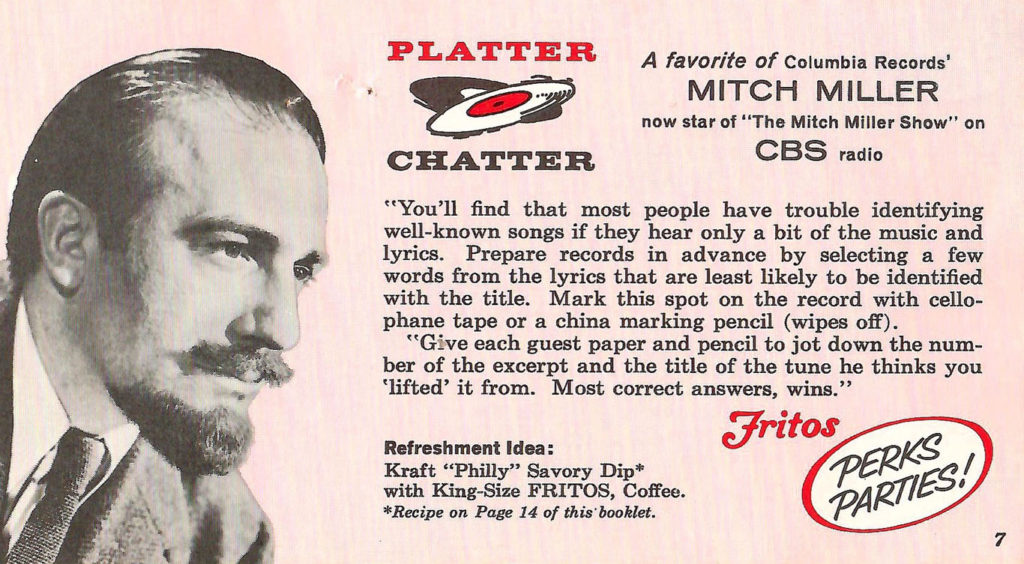 Mitch Miller Game. Directions for a party game included in a ideas booklet given out with Fritos in 1960.