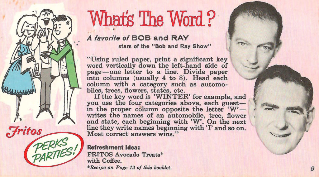 Bob and Ray Game. Directions for a party game included in a ideas booklet given out with Fritos in 1960.
