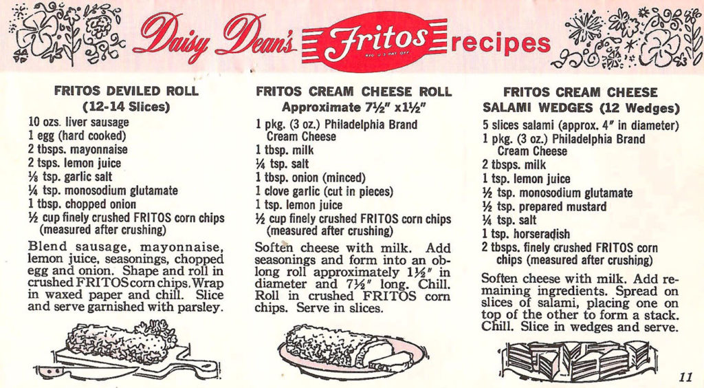 Recipes included in a ideas booklet given out with Fritos in 1960.