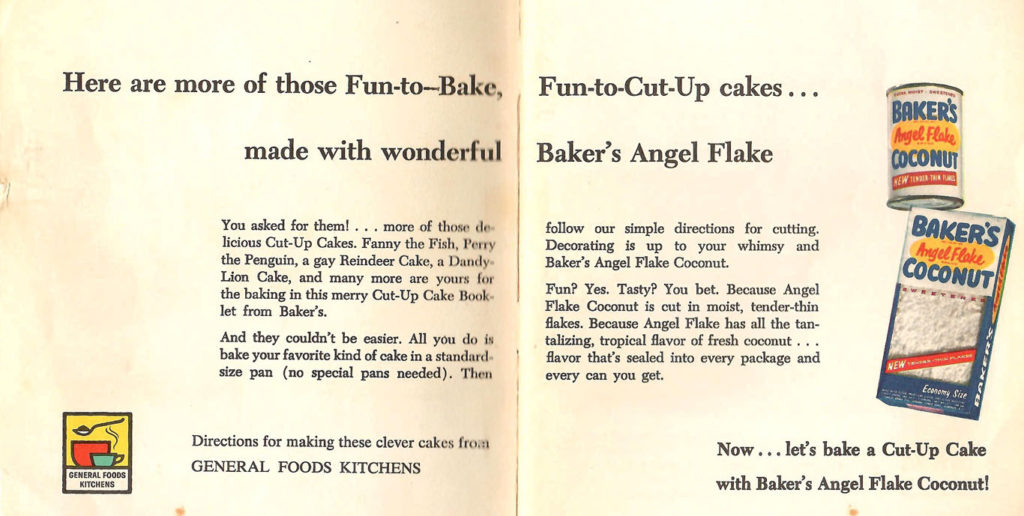General instructions to bake cakes in various animal shapes. Published by Baker's Coconut in 1959.
