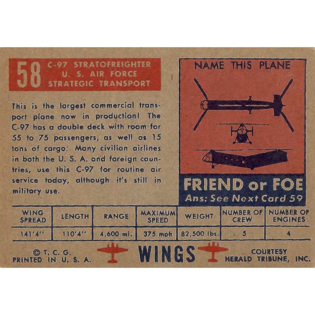 Info on a C-97 Stratofreighter. Back of a 1957 "Planes of the World" card from Topps.