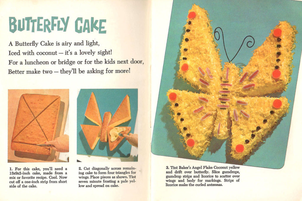 Instructions to bake a Butterfly Cake. Published by Baker's Coconut in 1959.